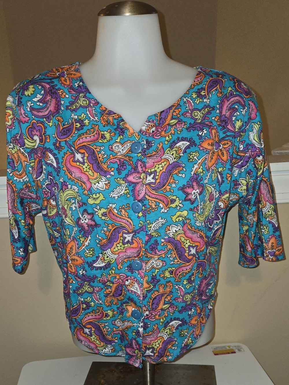 Vintage Teal Paisley Button-Front Women's Shirt